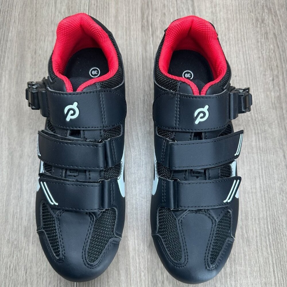 Peloton Cycling Shoes Mens Sz 6.5 Low Top Adjustable Hook & Loop Strap Black Red